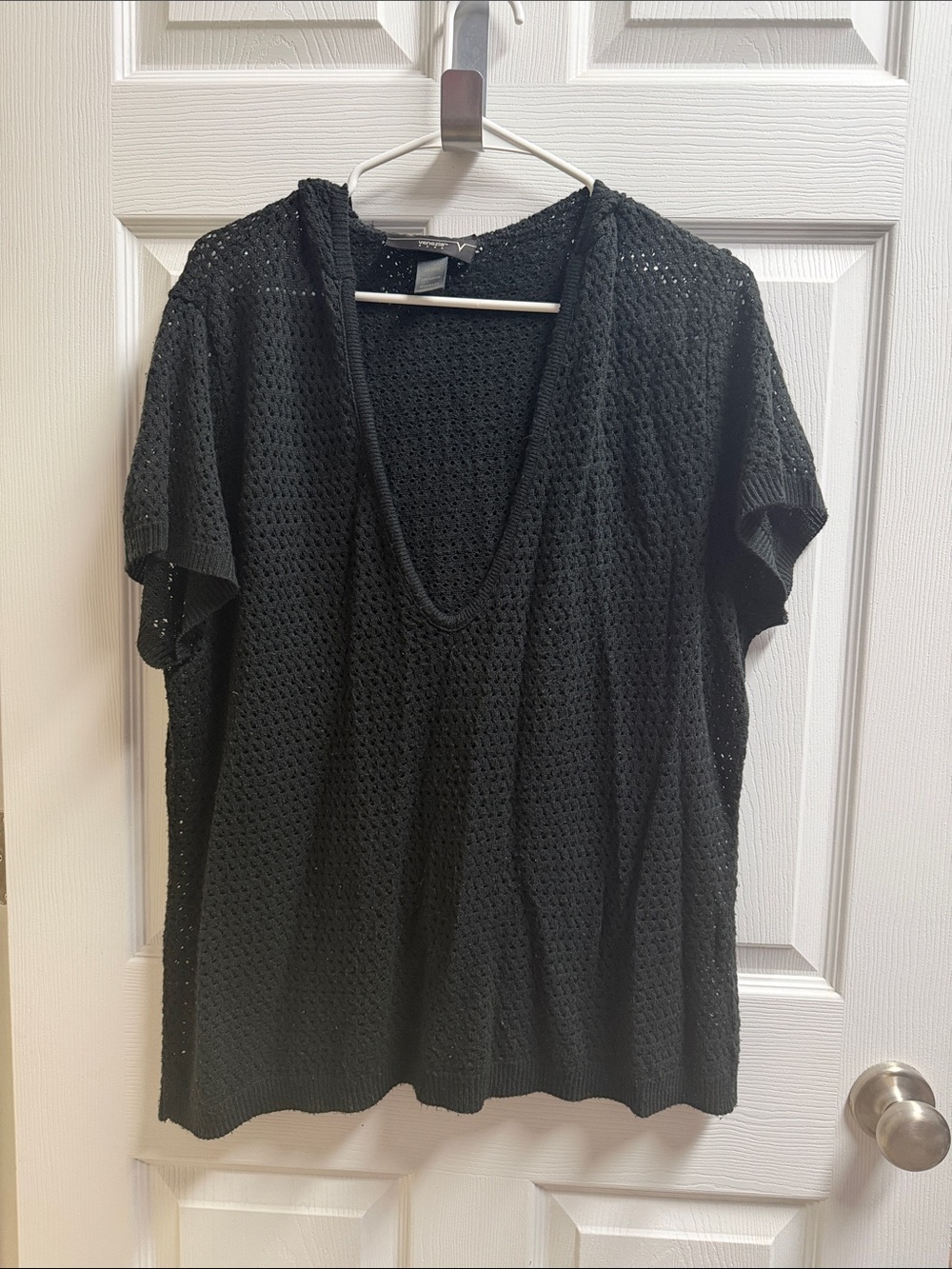 Venezia Black Open-Knit V-Neck Top